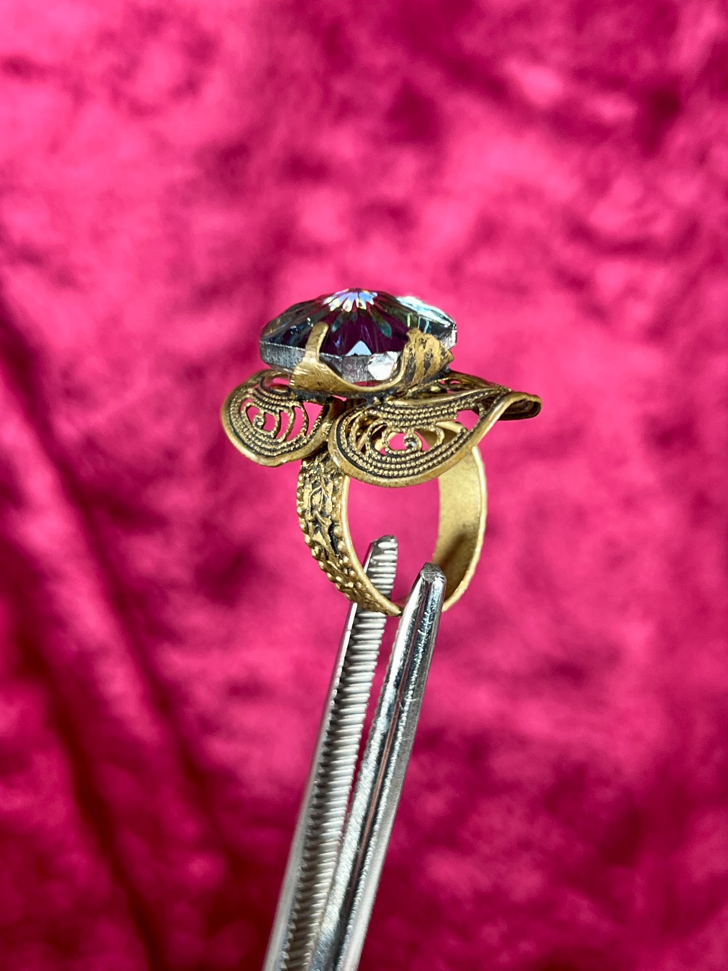 Vintage Jewelry - Adjustable Cocktail Ring - Brass - Aurora Borealis Crystal - West Germany