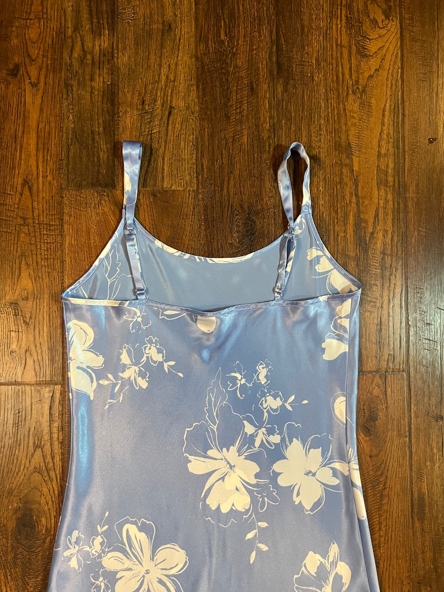 Vintage Clothing - Full Length Satin Nightgown - Baby Blue with White Floral Pattern - Medium