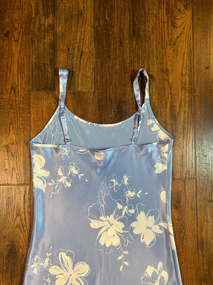 Vintage Clothing - Full Length Satin Nightgown - Baby Blue with White Floral Pattern - Medium