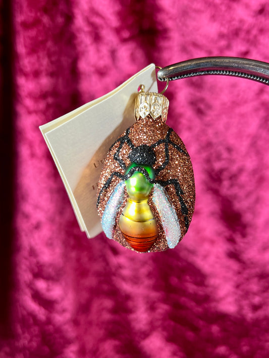 Vintage Christmas - Handblown Glass Ornament - Flying Insect - Green / Yellow on Orange Glitter - Patricia Breen