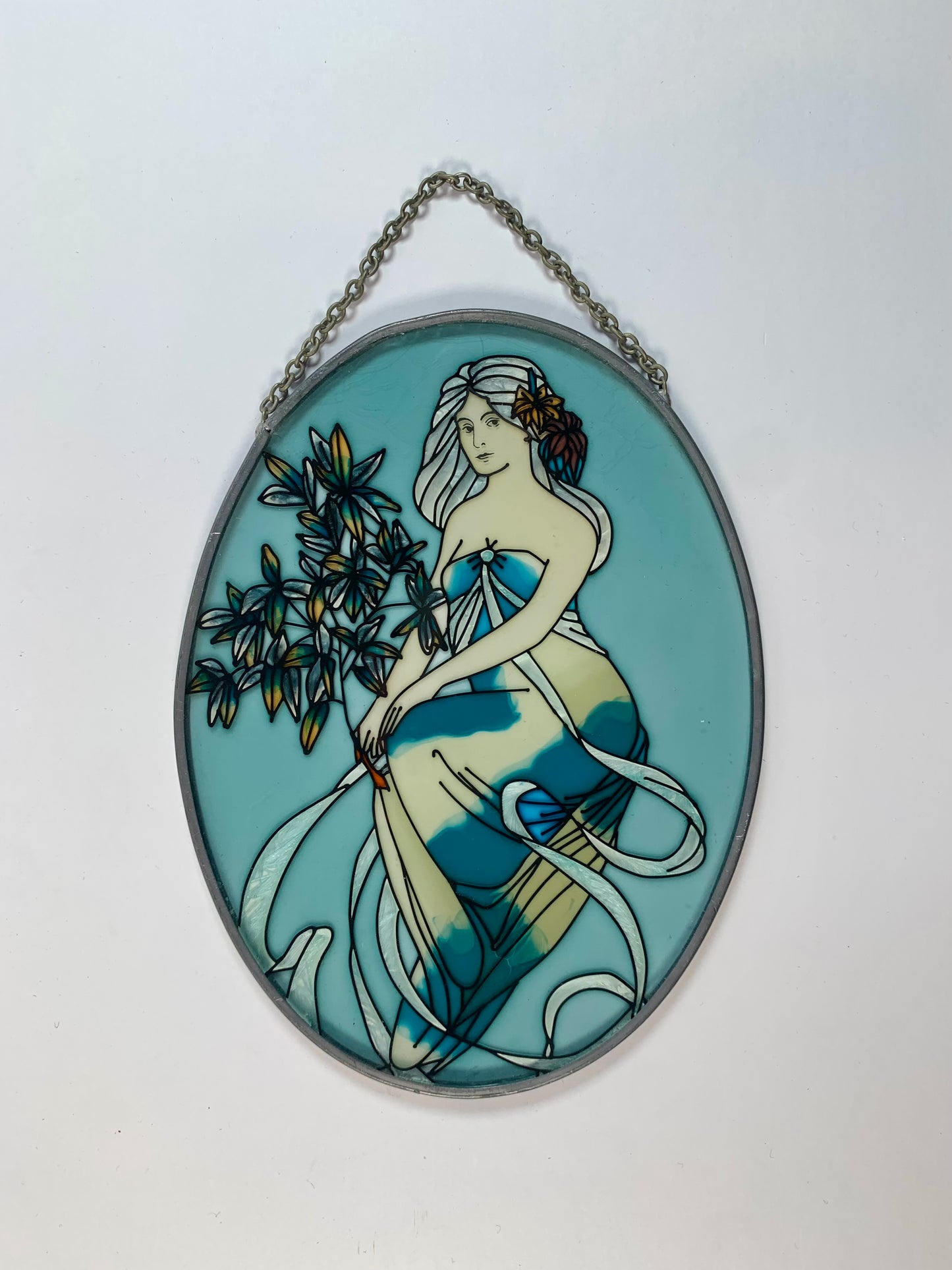 Vintage Suncatcher - Oval Painted Glass - Flower Fairy Queen