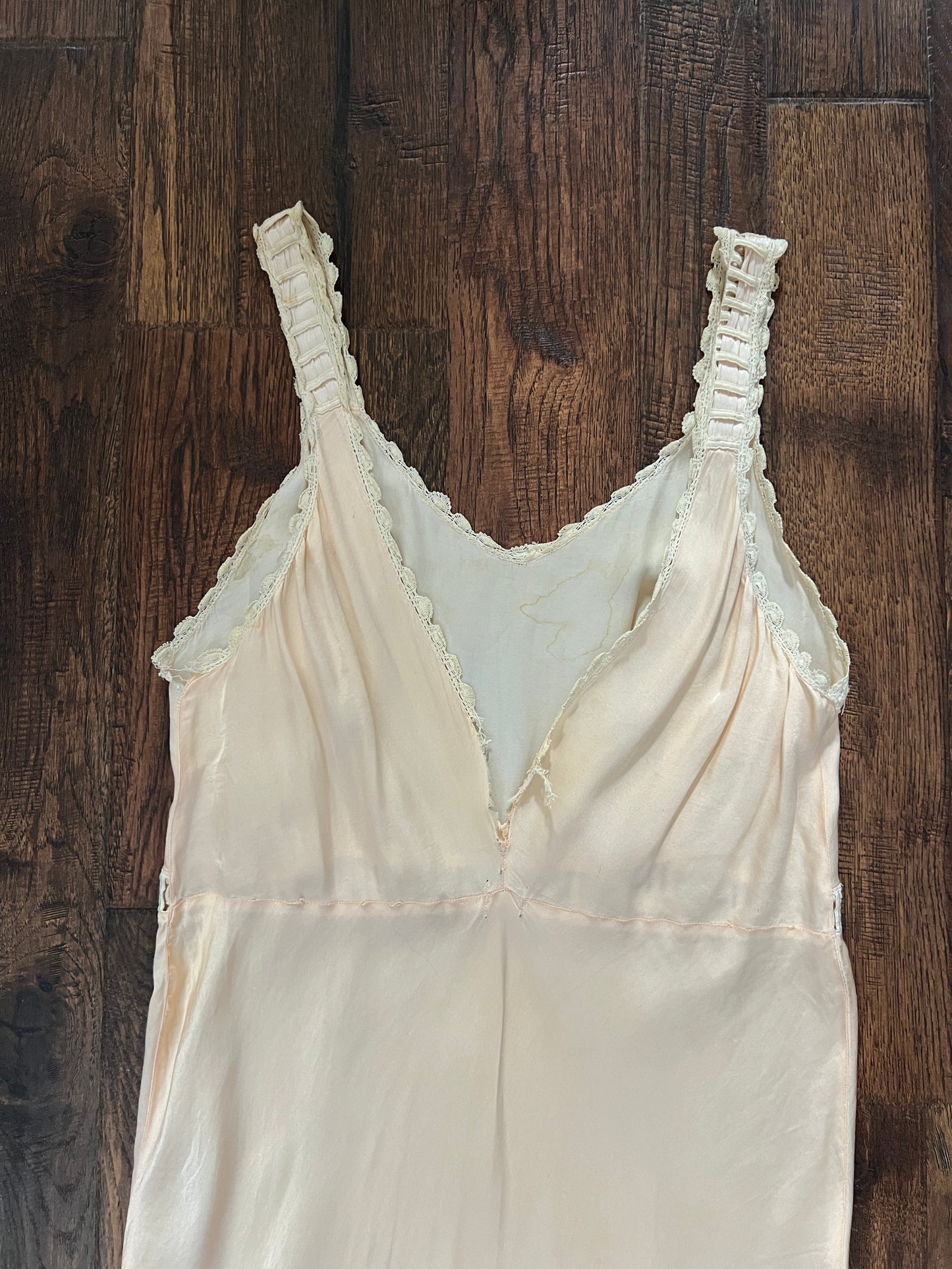 Vintage 1940s Slip Dress Nightgown - Baby Pink Satin Bias Cut with Lace Trim - Small