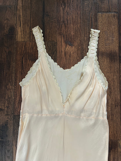 Vintage 1940s Slip Dress Nightgown - Baby Pink Satin Bias Cut with Lace Trim - Small