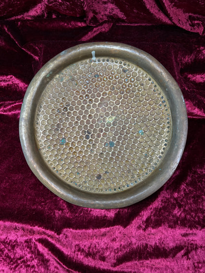 Vintage Brass Tray - Hammered Honeycomb Pattern Round Serving Platter