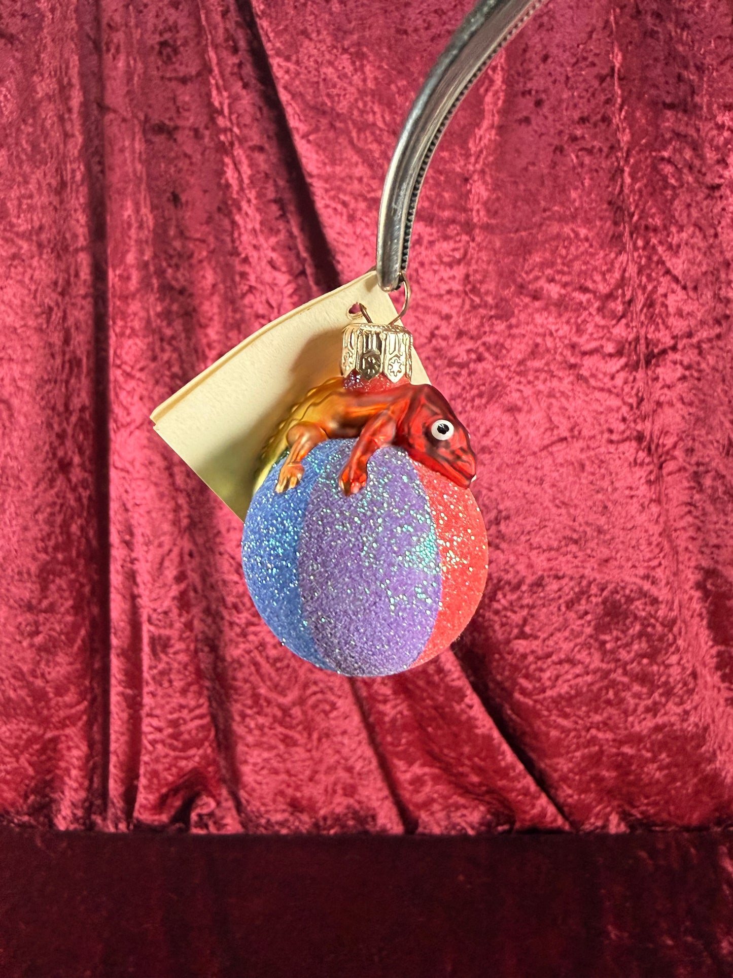 Vintage Christmas - Handblown Glass Ornament - Chameleon On Rainbow Ball - Patricia Breen - Poland