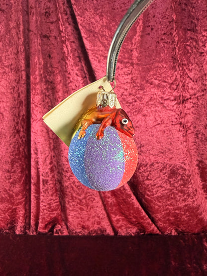 Vintage Christmas - Handblown Glass Ornament - Chameleon On Rainbow Ball - Patricia Breen - Poland