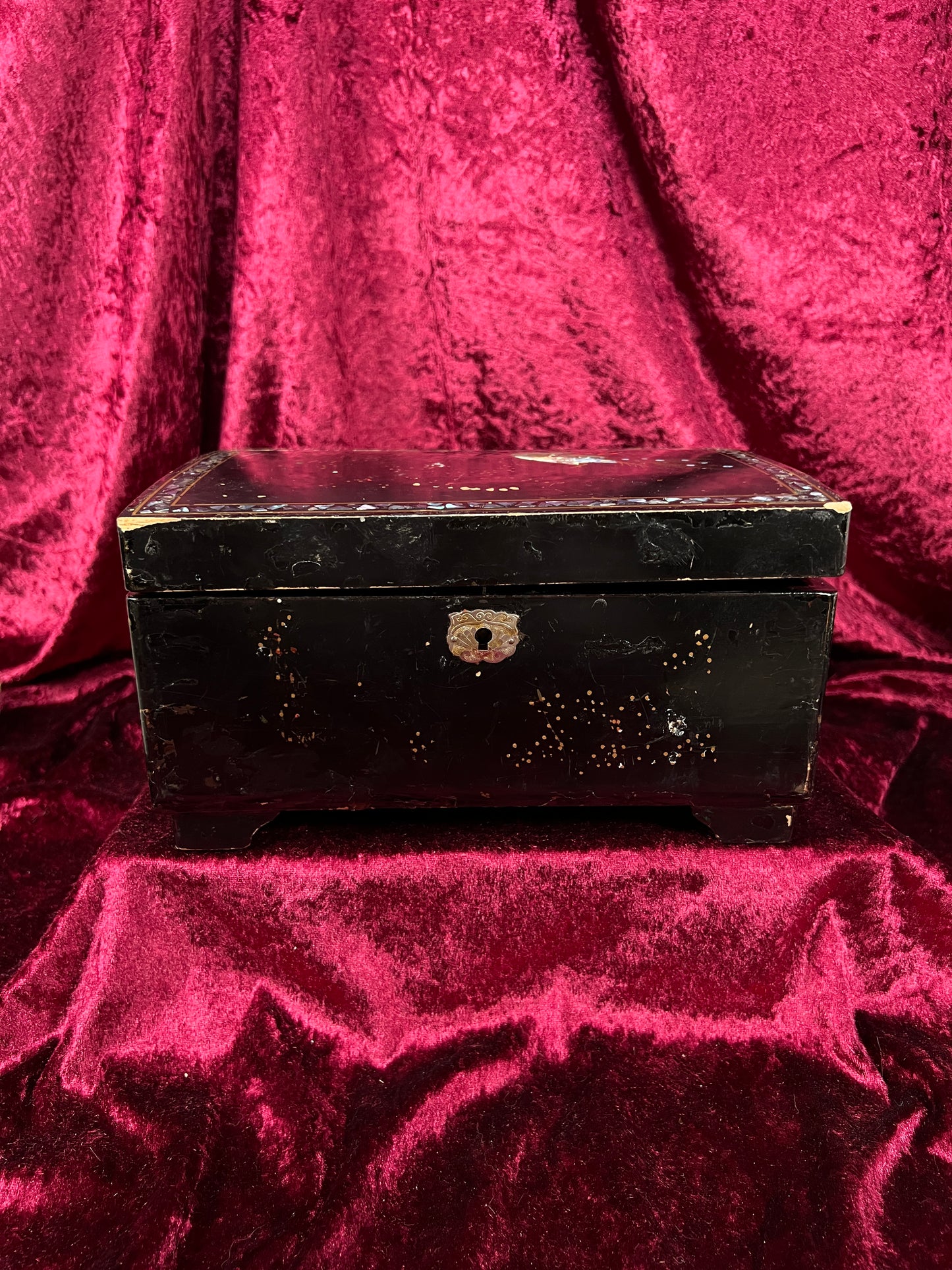 Vintage Black Lacquer Jewelry Box - Mother of Pearl Painted Peacock Vanity Chest