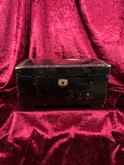 Vintage Black Lacquer Jewelry Box - Mother of Pearl Painted Peacock Vanity Chest