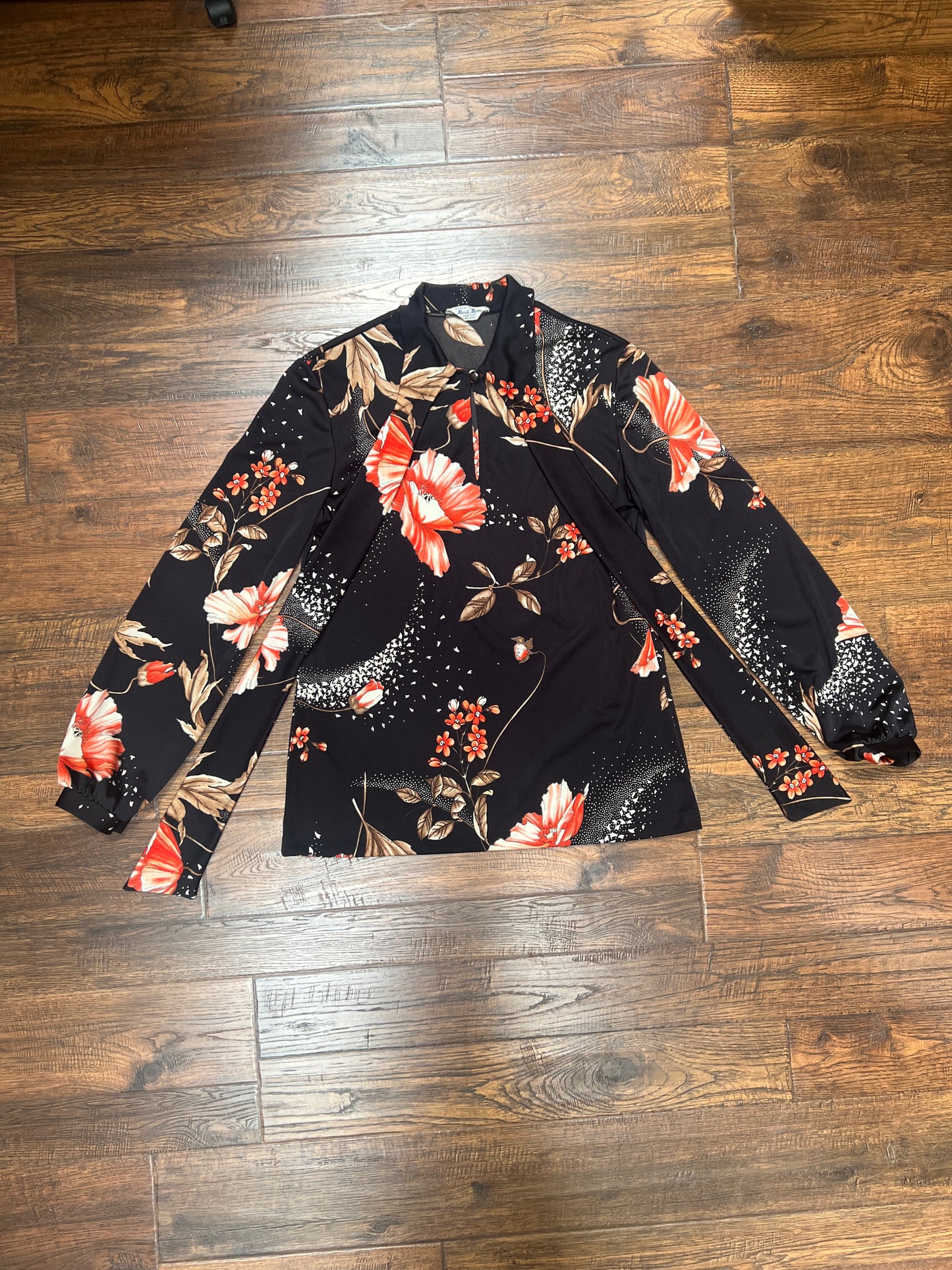 Vintage Clothing - 1970s Polyester Tie-Neck Blouse - Pink Flowers - Mardi Modes New York - Medium
