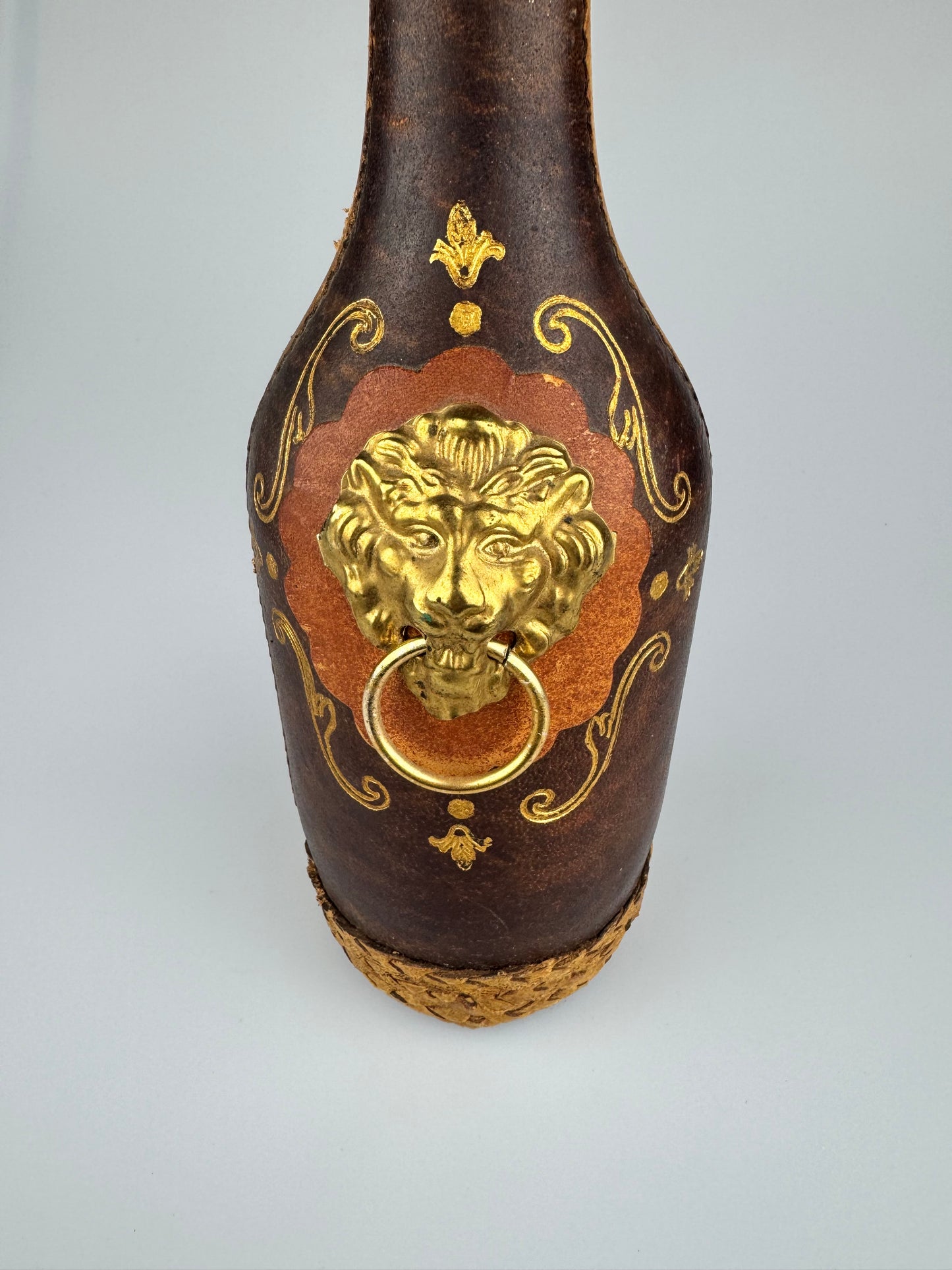 Vintage Leather Wrapped Decanter w/ Lion's Head Door Knocker - Made In Italy