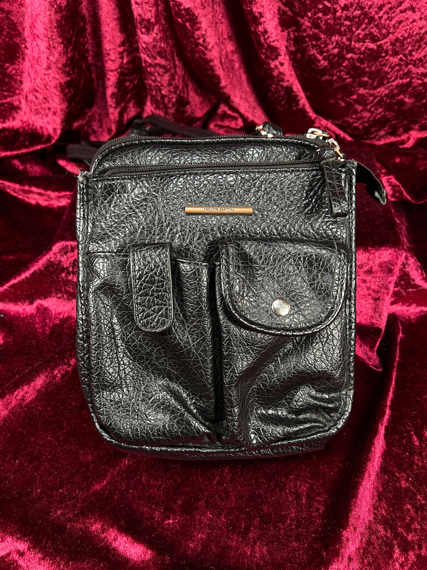 Vintage Faux Leather Crossbody Bag - Black Utility Pocket Shoulder Purse - Jaclyn Smith