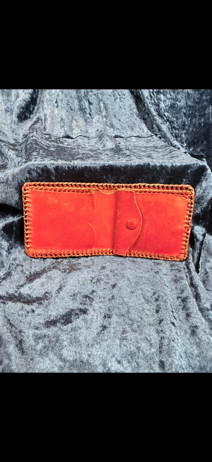 Vintage Red Leather Wallet - Hand-Tooled Floral Design with Braided Edges