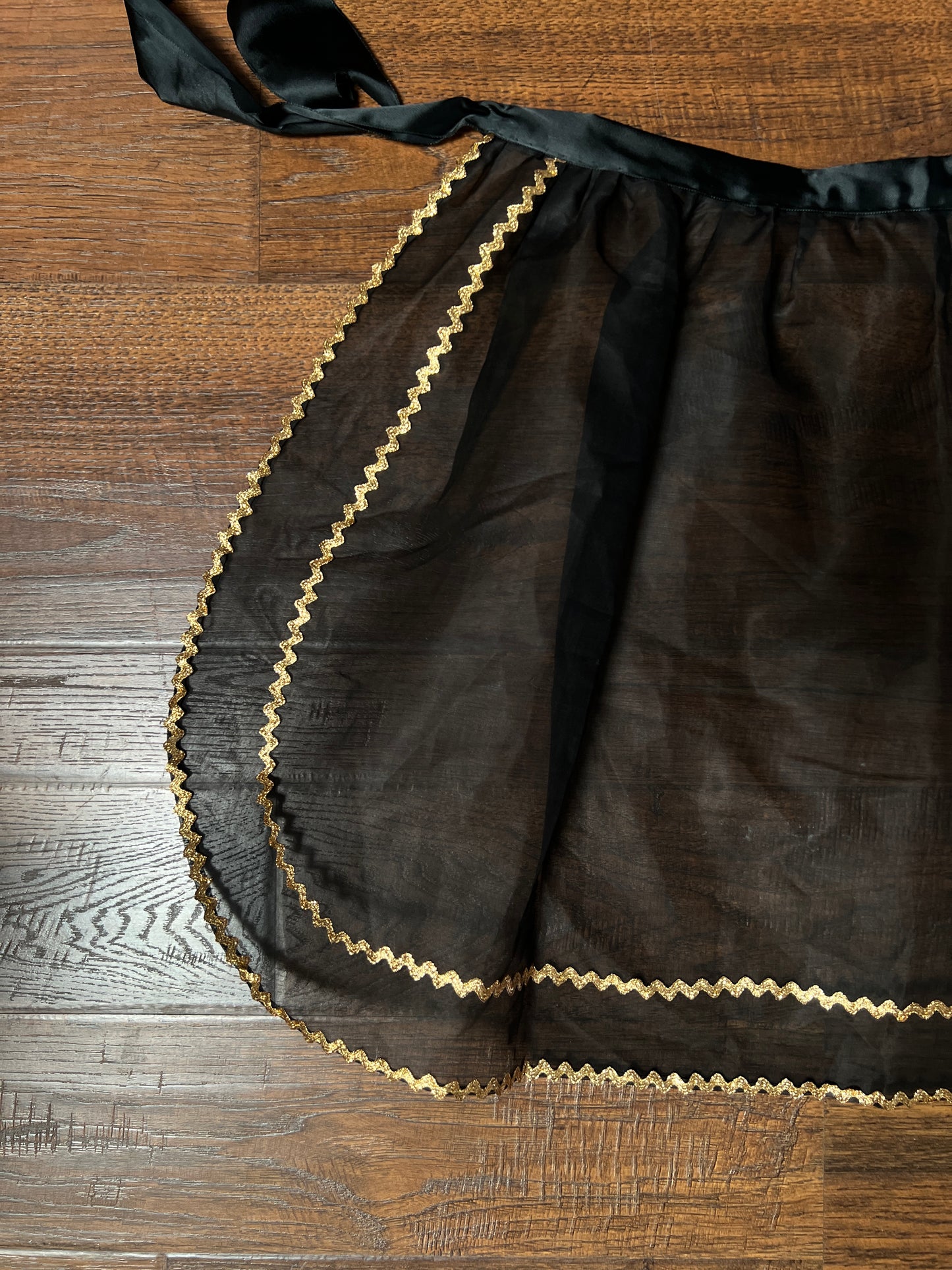 Vintage Mid Century Sheer Black Half Apron — Hand Painted Martini Cigarette with Gold Trim