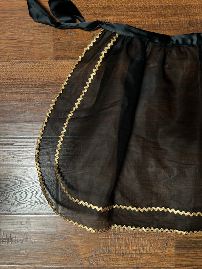 Vintage Mid Century Sheer Black Half Apron — Hand Painted Martini Cigarette with Gold Trim