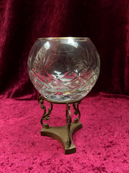 Vintage Cut Crystal Candle Holder - Rose Globe on Ornate Brass Pedestal Stand