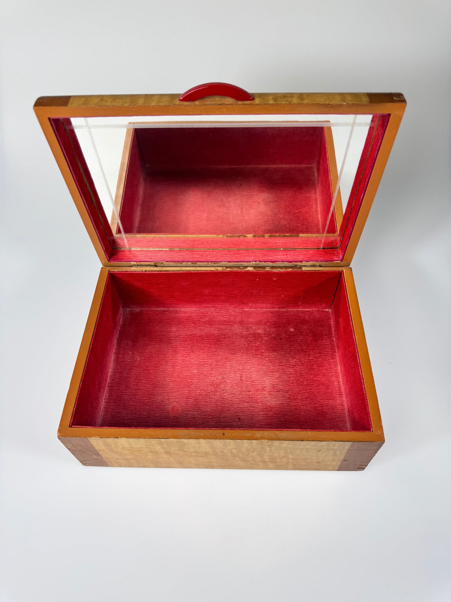 Vintage Streamlined Design Wooden Jewelry Box with Red Bakelite Handle