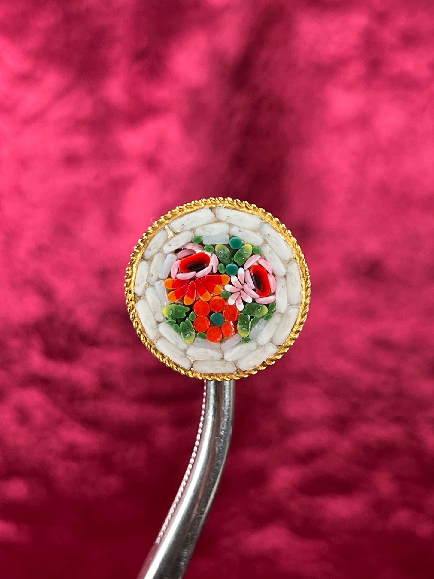 Vintage Jewelry - Brooch - Italian Millefiori Micro Mosaic - Circle - Red Flowers in White
