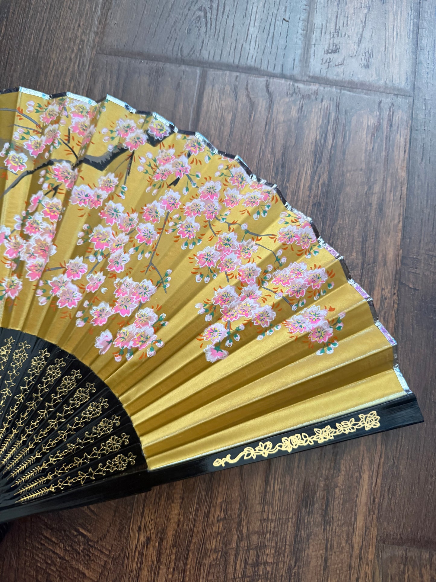 Vintage Paper Fan - Gold Paper Japanese Sakura Blossoms with Geisha