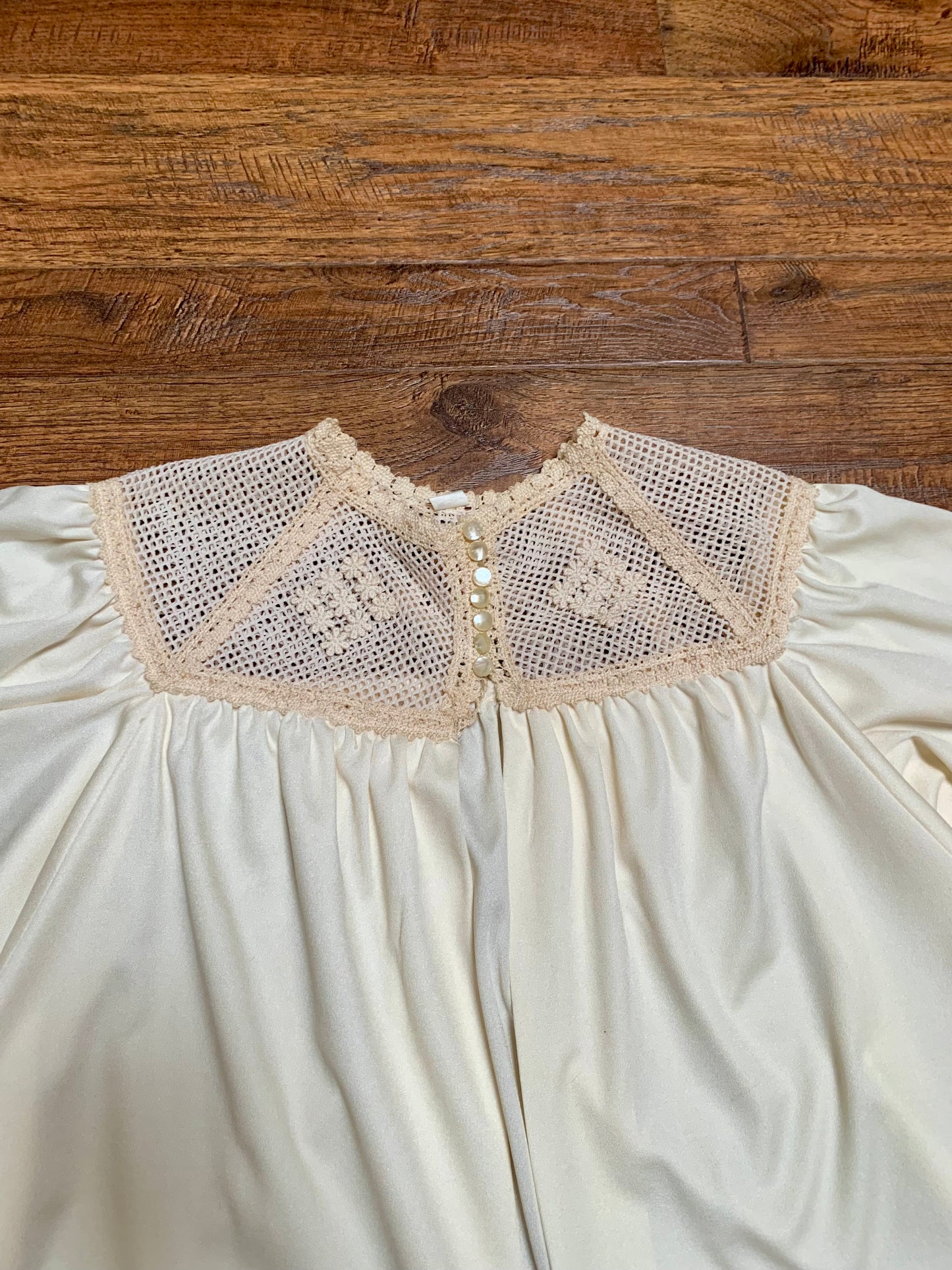 1970s Buttercream Capelet Bed Jacket with Crochet Detail - Made In USA - Small