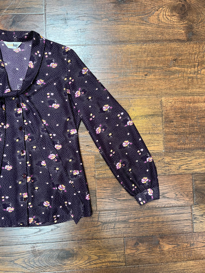Vintage Clothing - 1970s Polyester Tie-Neck Blouse - Flower Clusters on Purple - Ecco Bay - Medium