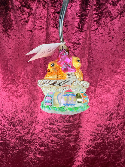 Vintage Christmas - Handblown Glass Ornament - Spring Chicks In Easter Basket - Christopher Radko - 2001
