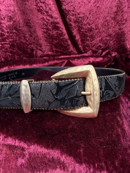 Vintage Accessories - Genuine Leather Belt - Hand Painted Leaves with Brass Hardware - M/L