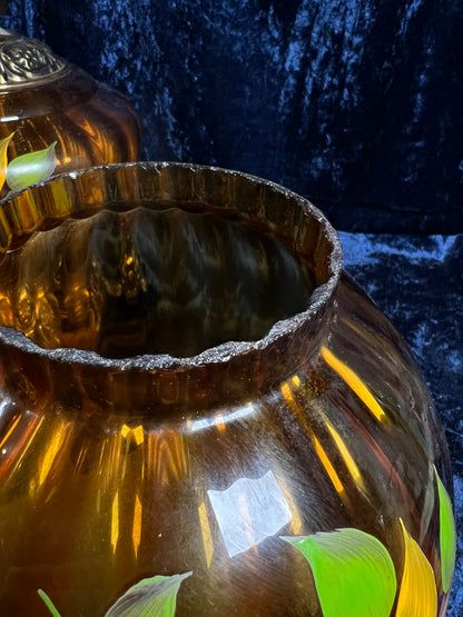 Vintage Amber Glass Parlor Lamp – Hand Painted Yellow Flowers Double Globe Hurricane Style