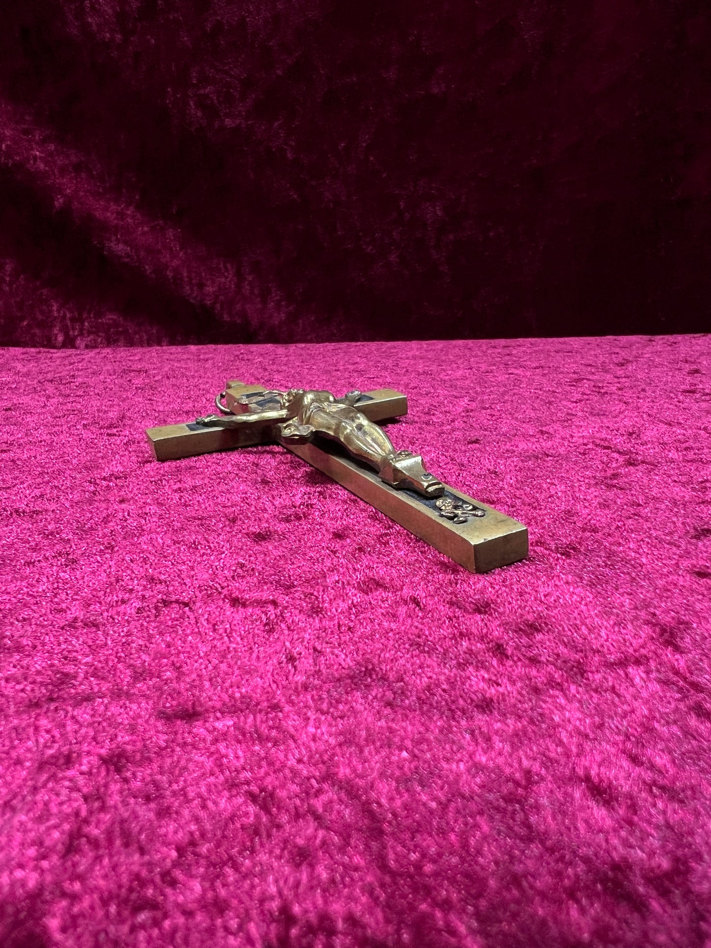 Vintage Brass Crucifix Cross - Ebony Inlay Skull and Crossbones Wall Hanging