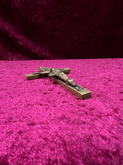 Vintage Brass Crucifix Cross - Ebony Inlay Skull and Crossbones Wall Hanging