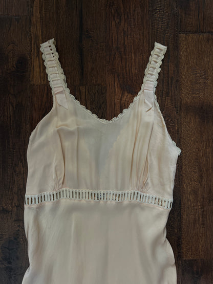 Vintage 1940s Slip Dress Nightgown - Baby Pink Satin Bias Cut with Lace Trim - Small