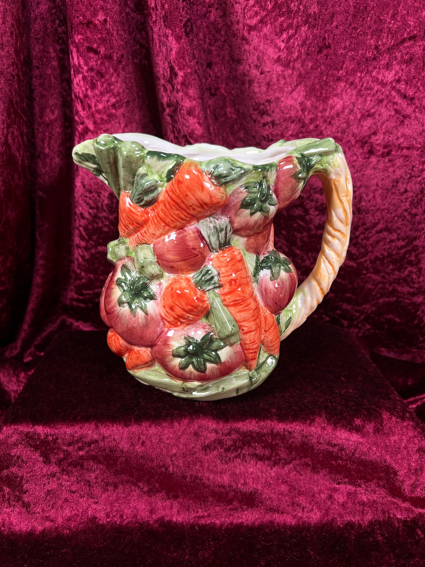 Vintage Ceramic Pitcher - Hand Painted 3D Vegetable Relief - World Bazaar Inc