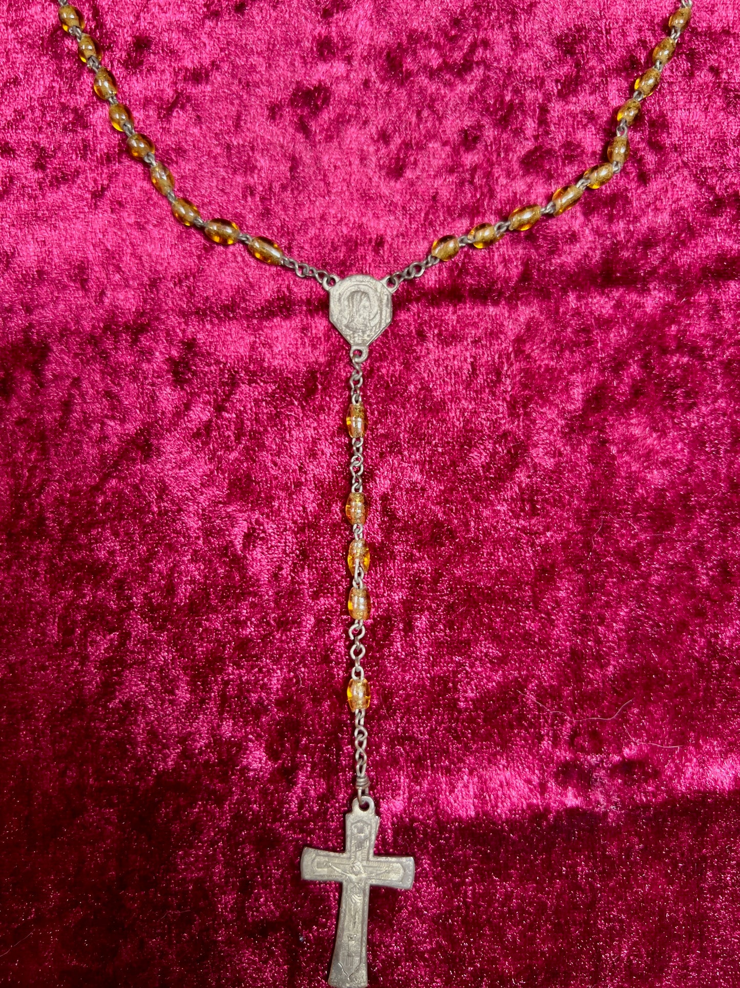 Vintage Jewelry - Rosary Beads - Clear Amber Beads - Brass Tone Cross - 14"