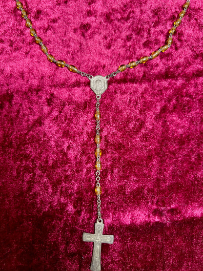Vintage Jewelry - Rosary Beads - Clear Amber Beads - Brass Tone Cross - 14"