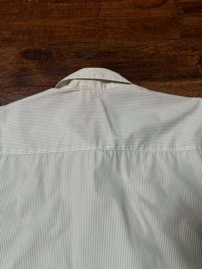 Vintage Koret Francisca Cotton Blend Blouse – Green Pinstripe Floral Embroidery – Medium