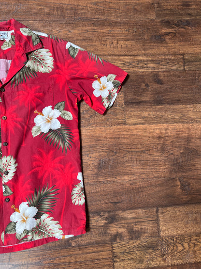 Vintage Clothing - Short Sleeve Hawaiian Shirt - White Hibiscus Flowers on Red - Pacific Legend Apparel - Small