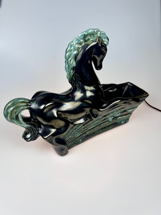 Vintage 1950s Underwriter Laboratories Ceramic TV Lamp Planter | Black & Teal | Mustang Horse