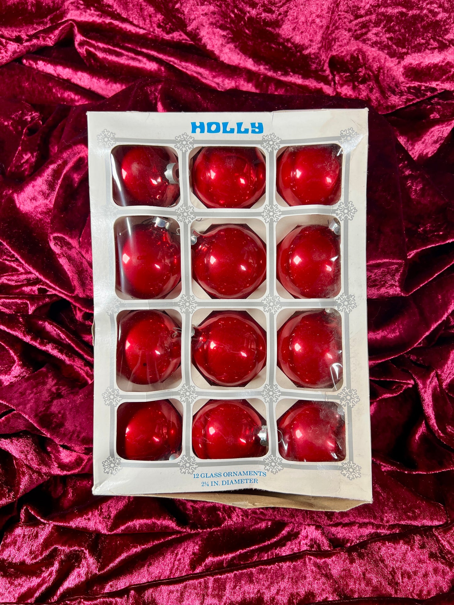 Vintage Christmas - Glass Ornament Set of 12 - Solid Red - Holly - Made In USA