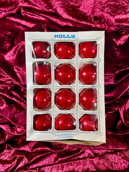 Vintage Christmas - Glass Ornament Set of 12 - Solid Red - Holly - Made In USA