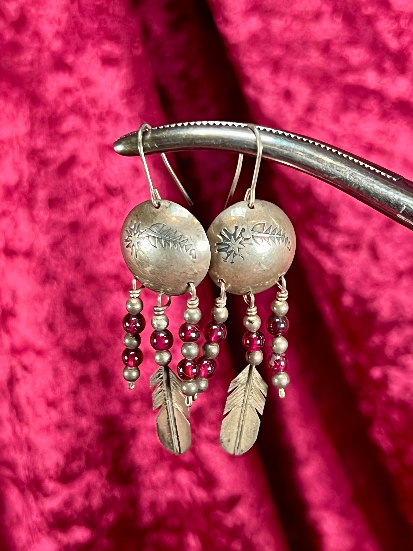 Vintage Jewelry - Dangle / Drop Earrings - Sterling Silver - Conchos with Red Beads and Feathers
