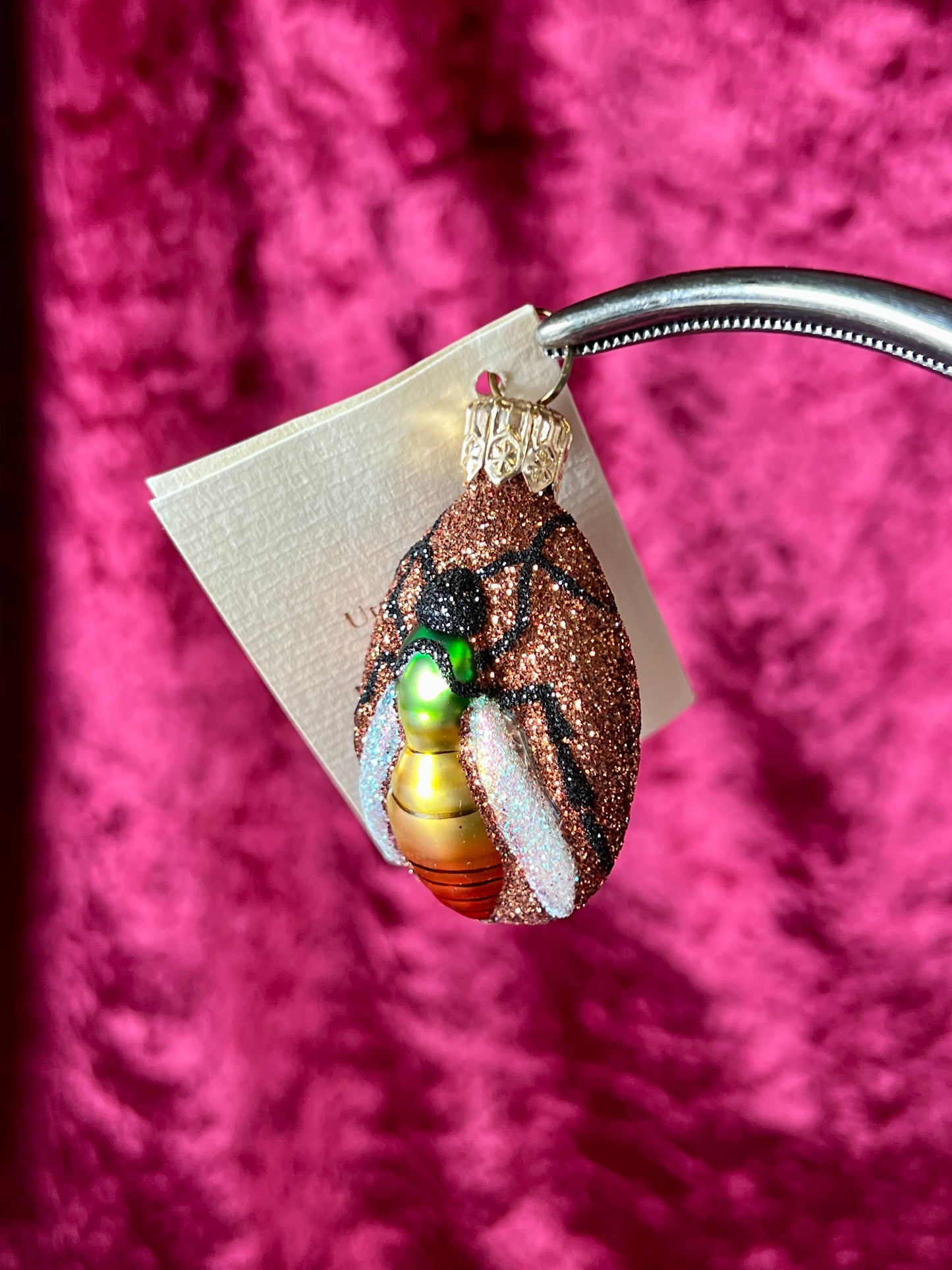 Vintage Christmas - Handblown Glass Ornament - Flying Insect - Green / Yellow on Orange Glitter - Patricia Breen