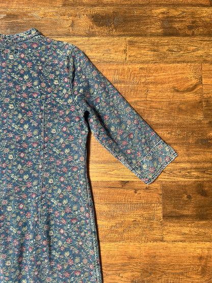 Vintage Clothing - Jacket - Blue Floral Denim Button Up Jacquard Long Shirt Dress - The Territory Ahead - Size 12