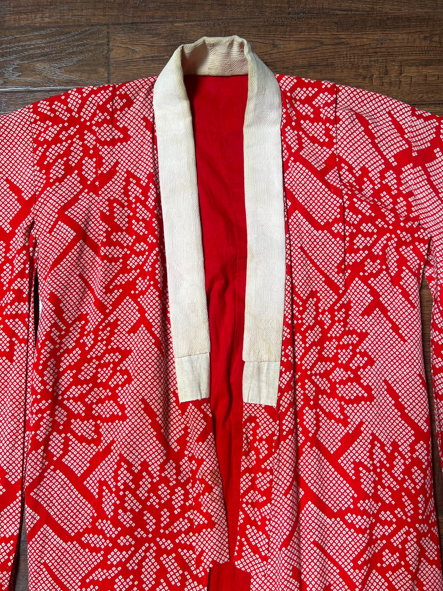 Vintage Clothing - Hand Sewn Kimono Robe - Red Floral Grid - Crepe Silk - OS