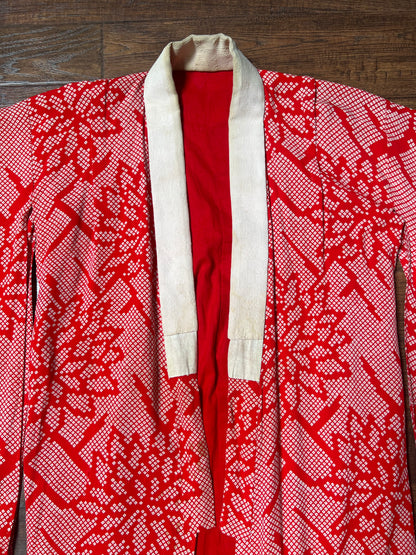 Vintage Clothing - Hand Sewn Kimono Robe - Red Floral Grid - Crepe Silk - OS