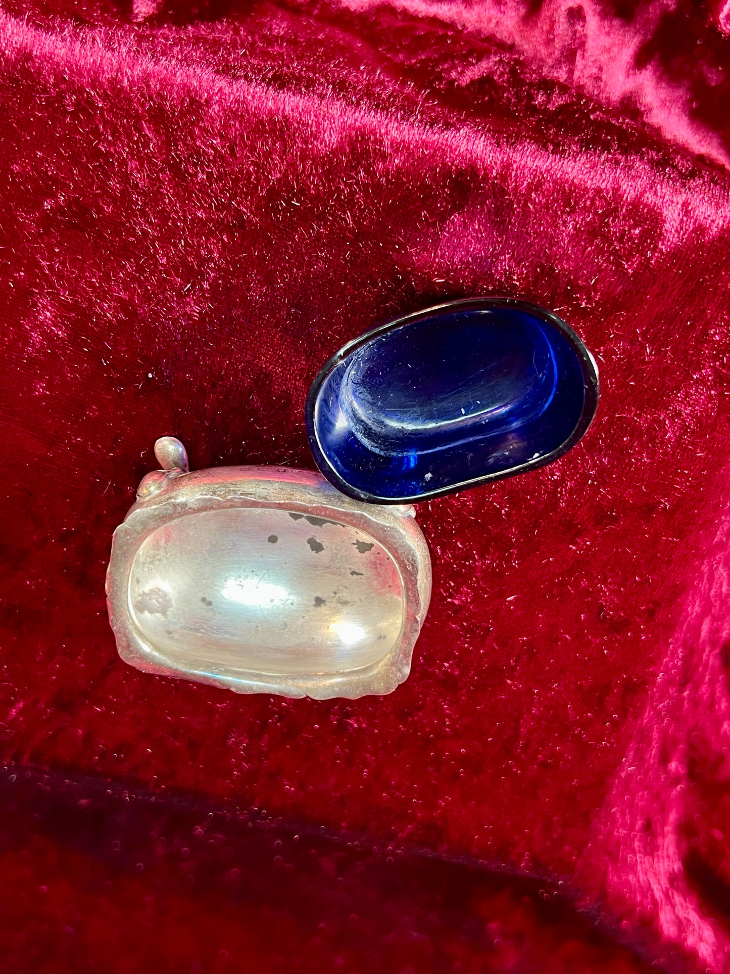 Vintage Kitchen - Footed Salt Cellar with Cobalt Blue Glass Insert - Sterling Silver - Dented