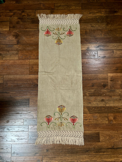 Vintage Linen Table Runner - Hand Embroidered Art Deco Florals Crochet Lace Fringe