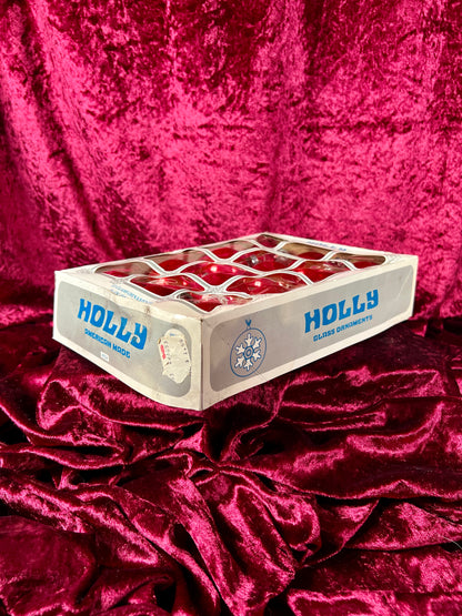 Vintage Christmas - Glass Ornament Set of 12 - Solid Red - Holly - Made In USA