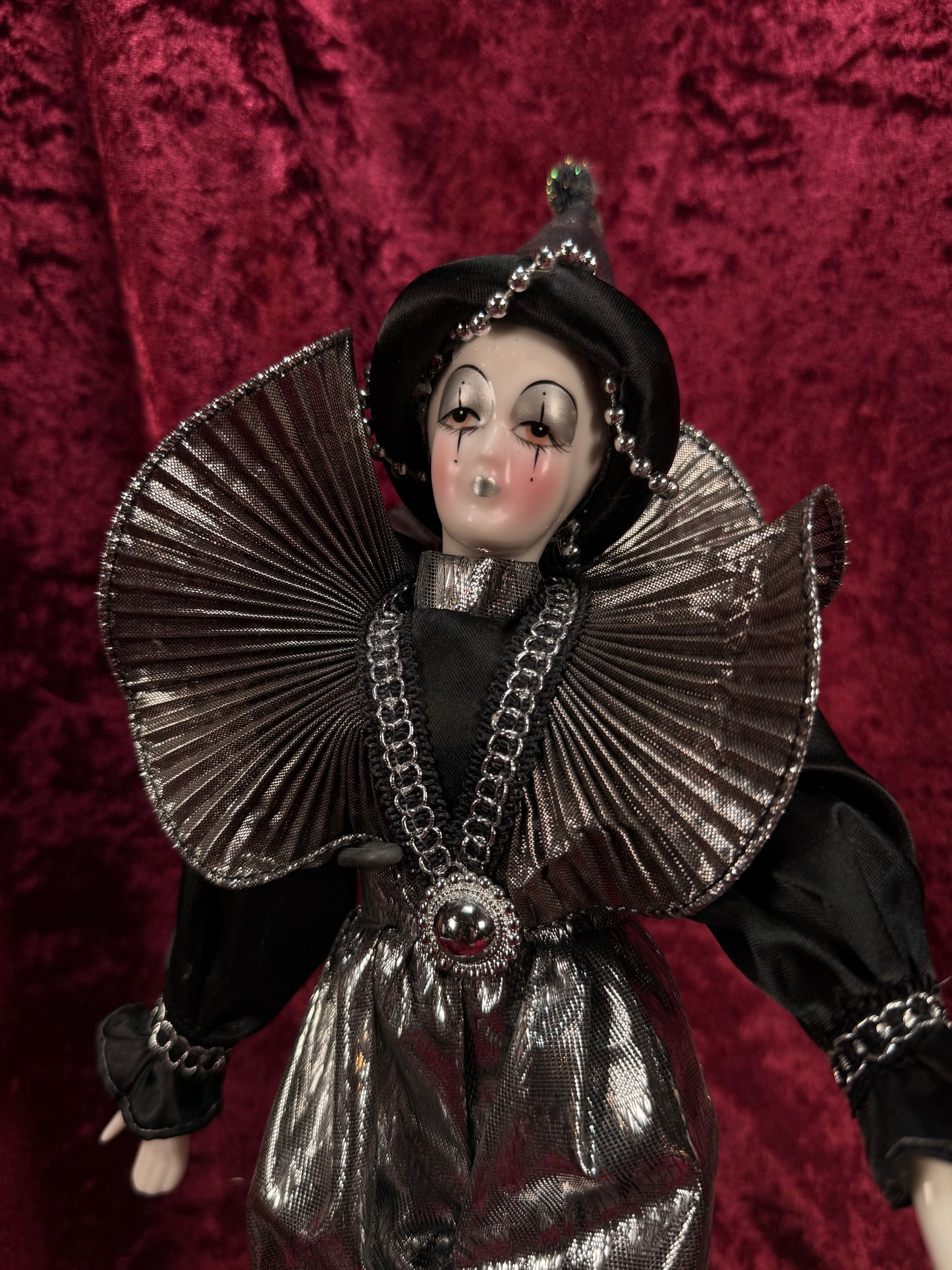 Vintage Silvestri Porcelain Pierrot Doll – Silver Metallic Black Harlequin Figure