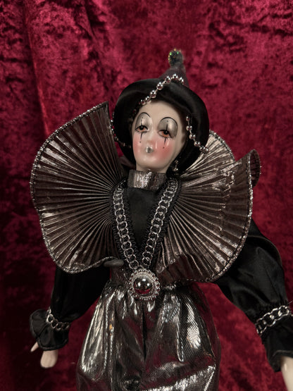 Vintage Silvestri Porcelain Pierrot Doll – Silver Metallic Black Harlequin Figure