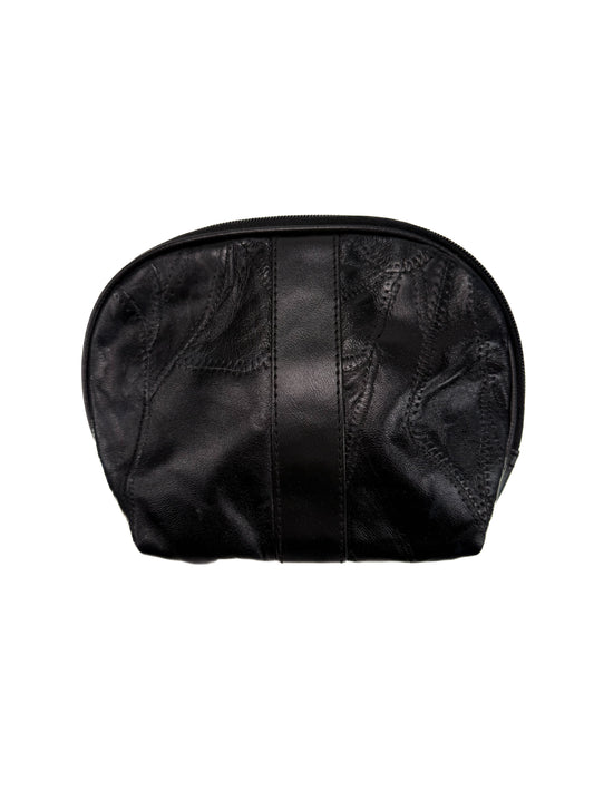 Vintage Makeup Bag - Black Patchwork Faux Leather - 1980s
