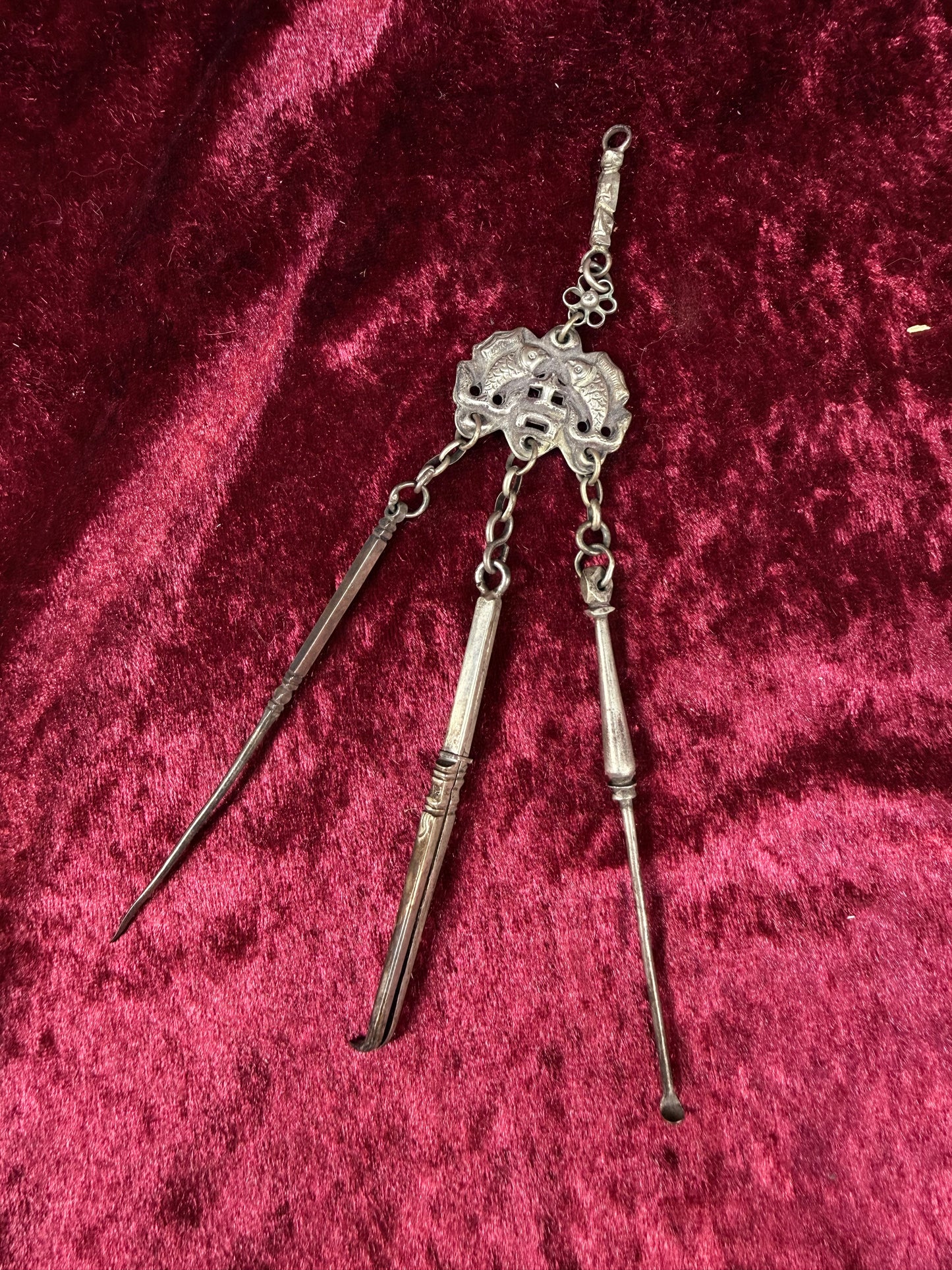 Antique Sterling Silver Opium Chatelaine – Twin Koi Fish and Monkey - Late Qing Dynasty